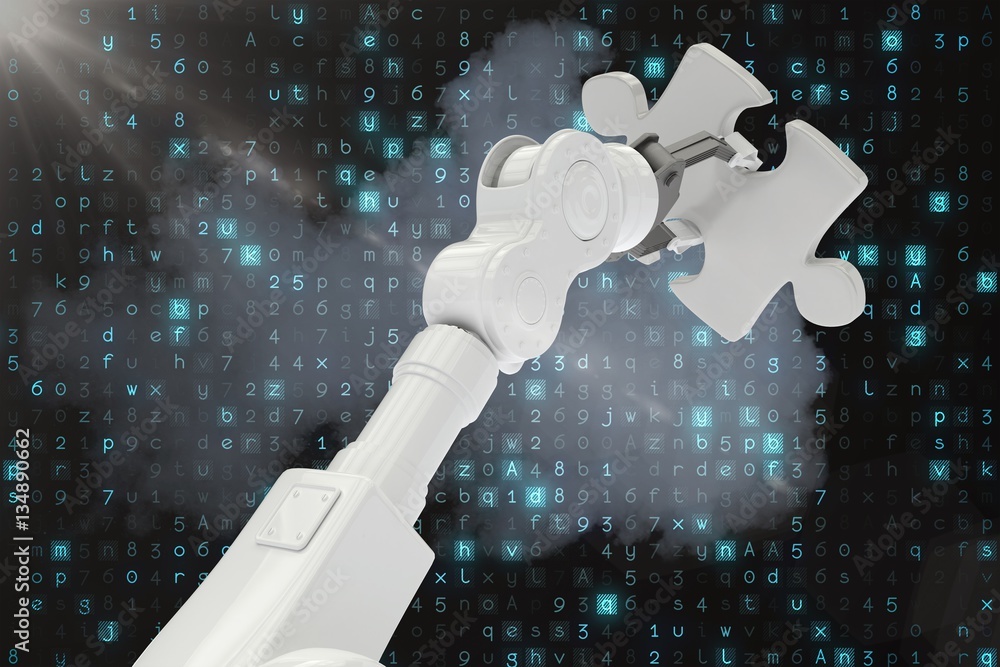 Poster digital composite image of robot holding jigsaw piece 3d