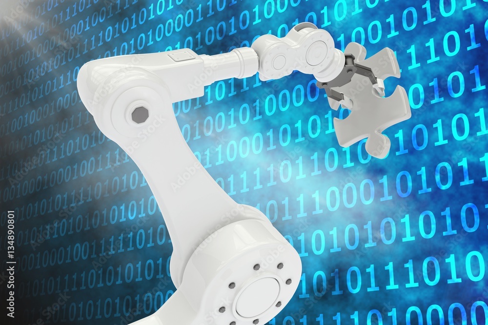 Poster digital generated image of robot with jigsaw piece 3d