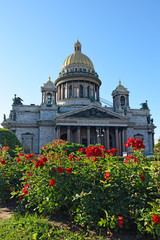 Fototapeta na wymiar St. Isaac's Cathedral on a background of red roses on the square