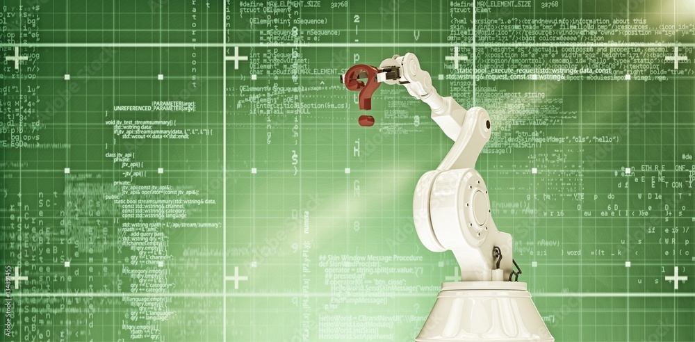 Poster composite image of robotic arm with question mark 3d