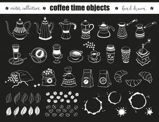 Hand drawn coffee time objects collection. Doodle coffee pots, cups and bags on chalkboard. Vector illustration of coffee icons for cafe and restaurant menu design.