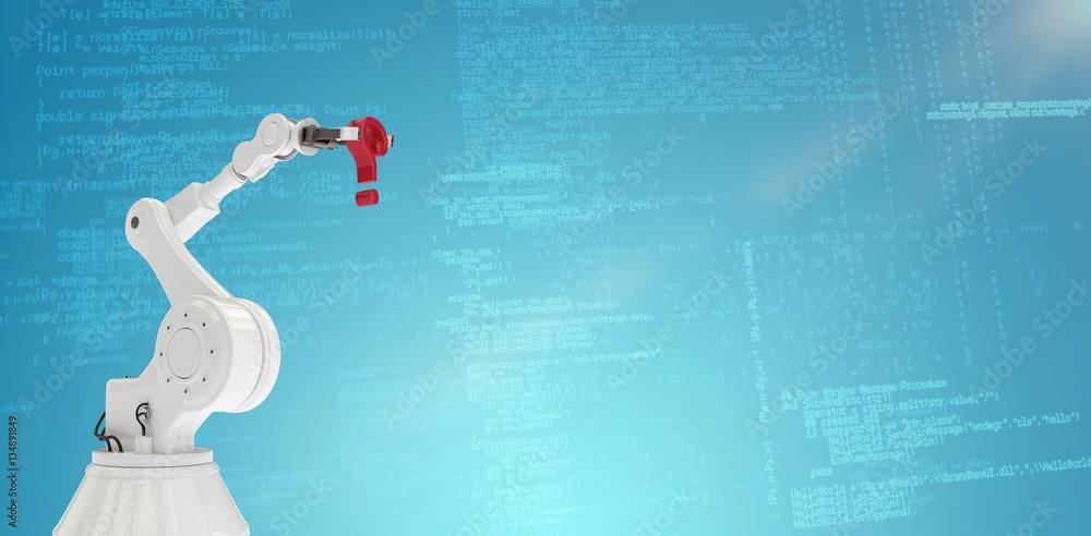 Poster composite image of robotic arm holding red question mark 3d