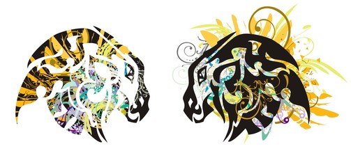 Grunge unusual dragons heads splashes. The head of a young dragon with floral elements and feathers. Two options