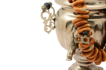 samovar vintage isolated metal on white background with bagels
