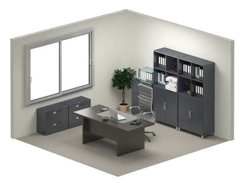 Stanza ufficio dirigenziale isometrica isolata su bianco