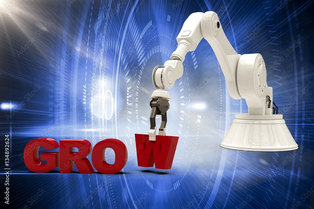 Poster composite image of image of robotic arm arranging grow text 3d