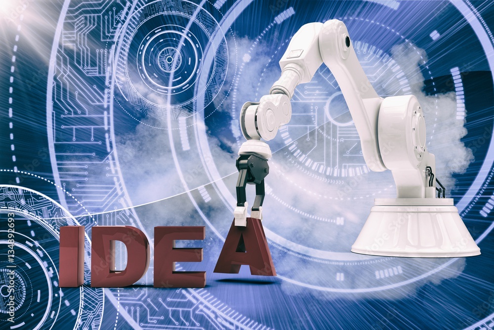 Poster Composite image of image of robotic arm arranging idea text 3d