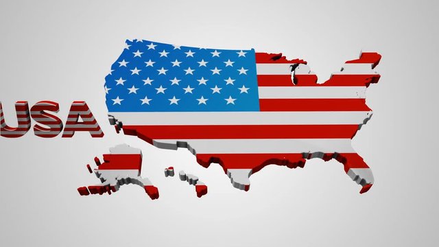 nice animation of the national US flag in 3d map of United States isolated on white background and USA letters textured with official flag full hd and 4k.