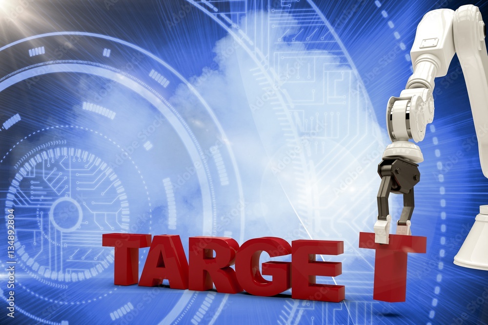 Poster Composite image of image of robotic arm arranging target text 3d