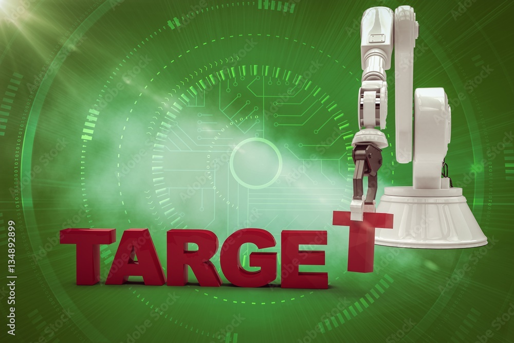 Poster Composite image of robotic arm arranging target text 3d