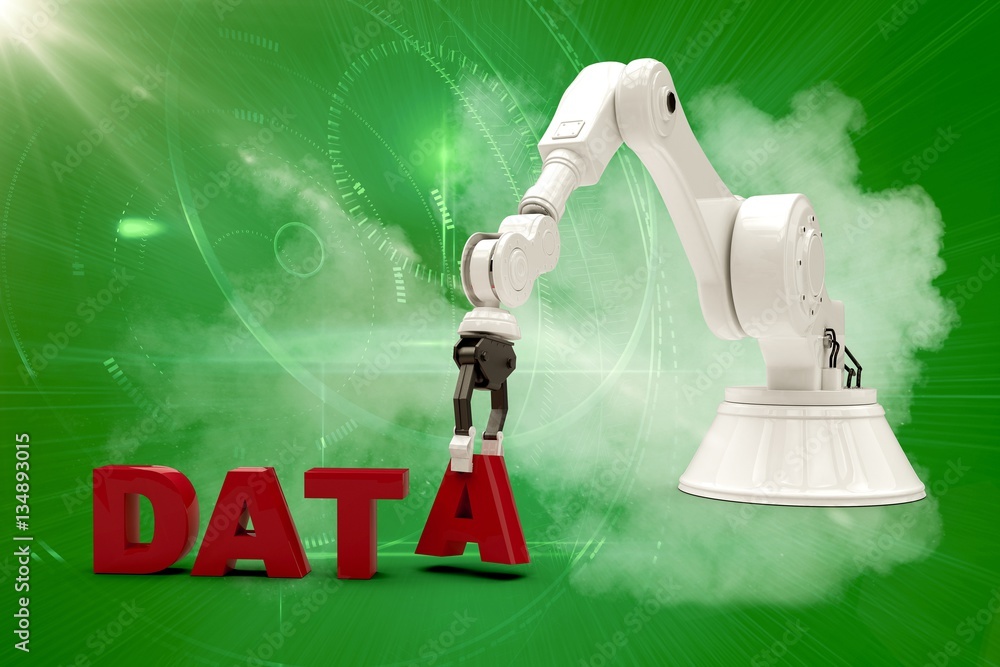 Poster composite image of image of robotic arm arranging data text 3d