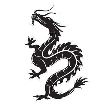Dragon silhouette. Dragon symbol could be interpreted as the embodiment of natural forces, wisdom and the creative essence of the world - Yan. Tribal vector.  Isolated on white background. 