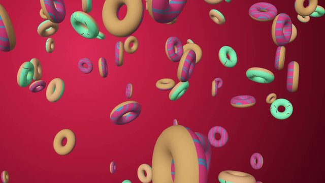 rain of Donuts nice colorful animation, many donuts falling in slow motion on a red background. Full hd and 4k, fast food concept.