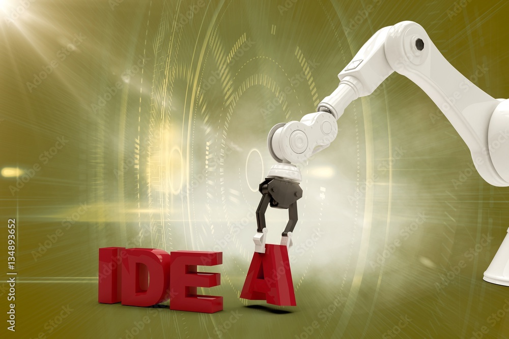 Poster composite image of robotic arm arranging idea text 3d
