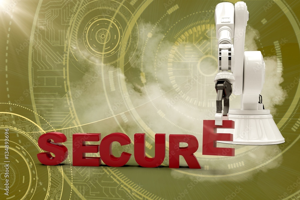 Poster Composite image of robotic arm arranging secure text 3d