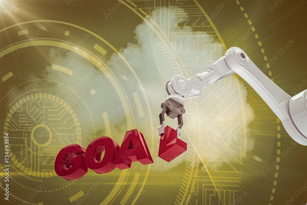 Poster Composite image of image of robotic arm arranging goal text 3d