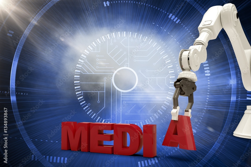 Poster Composite image of image of robotic arm arranging media text 3d