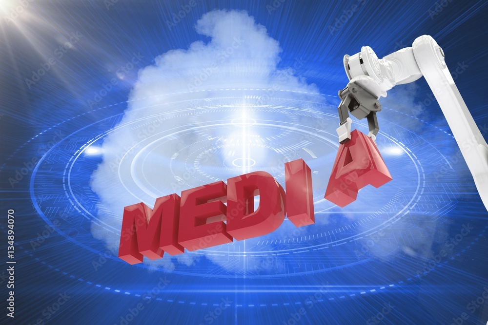 Poster composite image of image of robotic arm arranging media text 3d