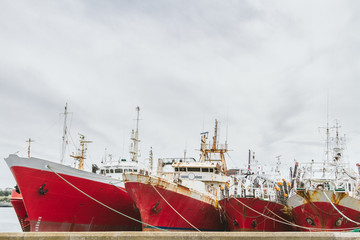 Three fishing vessels moored in the port of Mar del Plata, Argen