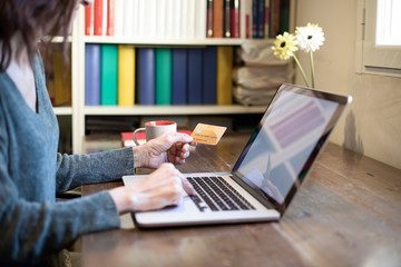 woman with green sweater typing in portable laptop paying online with made up credit card on wooden table at home
