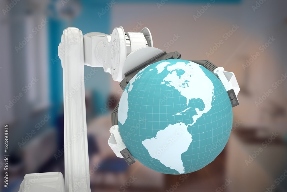 Poster composite image of graphic image of machine holding globe 3d