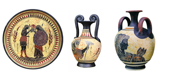 Ancient Greek vases and a plate