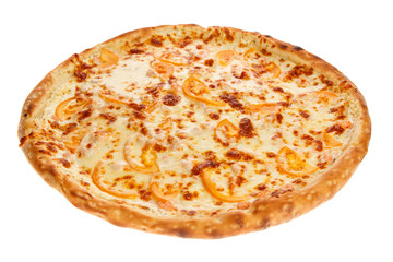 Delicious classic italian Pizza with Garlic sauce, shrimp and cheese