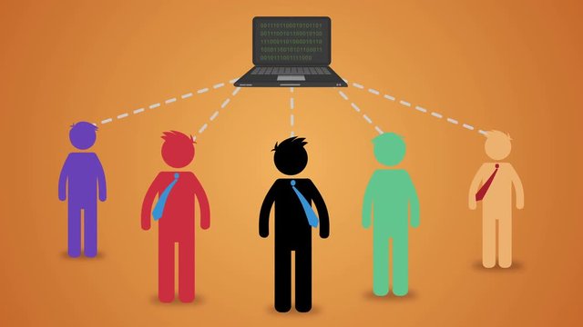group of people send and receive information from a laptop. teamwork connecting to a server and sharing data, nice colorful animation of cloud computing concept, Business Concept.