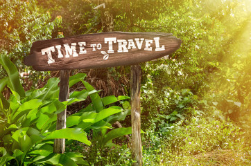 Time travel wooden sign on the background of the jungle. Aarrow, green palm trees