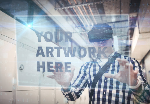 VR User in Room with Lockers Mockup