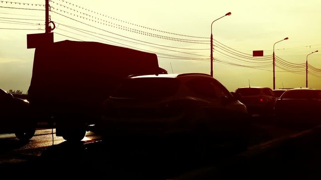 Traffic Jam in the city. Summer sunny evening