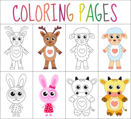 Coloring book page set. Animals collection. Sketch and color version. Coloring for kids. Childrens education. Vector illustration