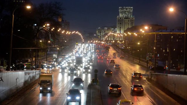 MOSCOW, RUSSIA - JANUARY 27, 2017: Sadovoe ring evening road traffic.