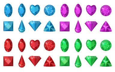 Multi-colored gems set. Jewelry, crystals collection isolated on white background. Diamonds  different  cut. Colorful gemstones collection. Realistic, cartoon style. Vector illustration, clip art
