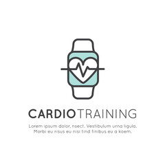Vector Icon Style Illustration Logo of  cardio training, fitness and gym workout object. Healthy lifestyle, Bodybuilding and Heart beat pulse, Mobile Tracking App and Watch