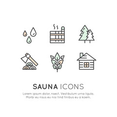 Vector Icon Style Illustration Logo Set for Web or Mobile. Sauna and Steam Hot House Village Emblems, National, Cottage House in the Forest