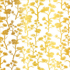 Fototapeta na wymiar Vector Golden Asian Trees Seamless Pattern Background. Great for tropical vacation fabric, cards, wedding invitations, wallpaper.