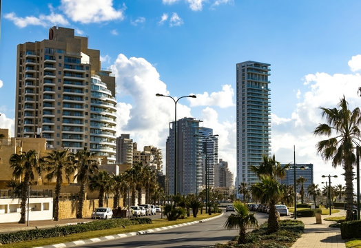 Modern buildings with palm trees