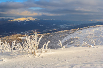 Fototapeta na wymiar Winter mountain scenery in Bieszczady mountains, South Eastern Poland