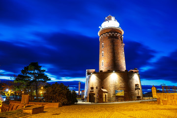 Night view of harbor and the lighthouse in Kolobrzeg, West Pomerania, Poland