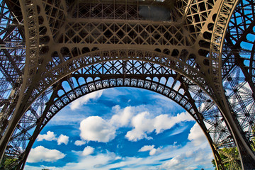 Partial view underneath the Eiffel Tower in Paris, France