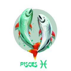 Creative digital illustration of astrological sign Pisces. Twelfth of twelve signs in zodiac. Horoscope water element. Logo sign with fish. Graphic design clip art for web and print. Add any text