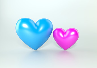 Blue and Pink Hearts against Light Background with Shadows and Reflections