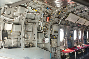 Inside military helicopter.