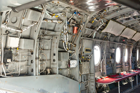 Inside military helicopter.