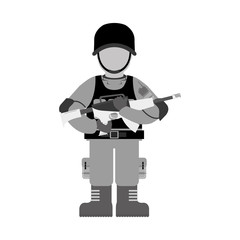 Military contour with its different protection tools and his gun, vector illustration