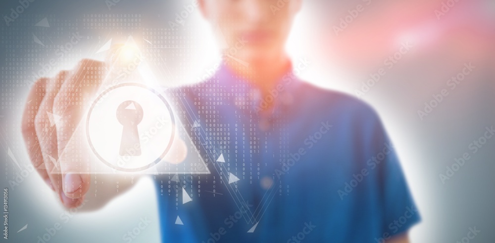 Poster composite image of man touching invisible screen