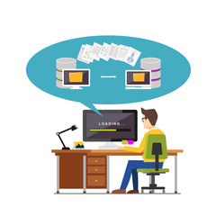 Exchanging files. Copying files between devices. Backup files. Data migration concept. File management concept illustration for web banner, web element, or infographics element.