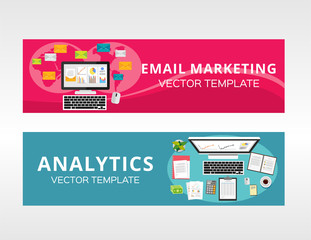 Email marketing and Business analytics.  Business solution advertisement concept illustration for banner, brochure, graphic template.