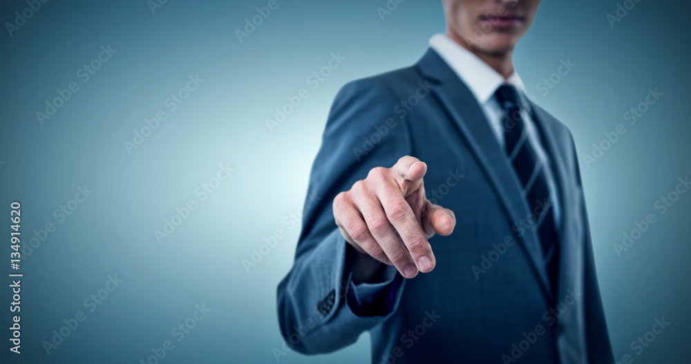 Poster composite image of midsection of elegant businessman pointing